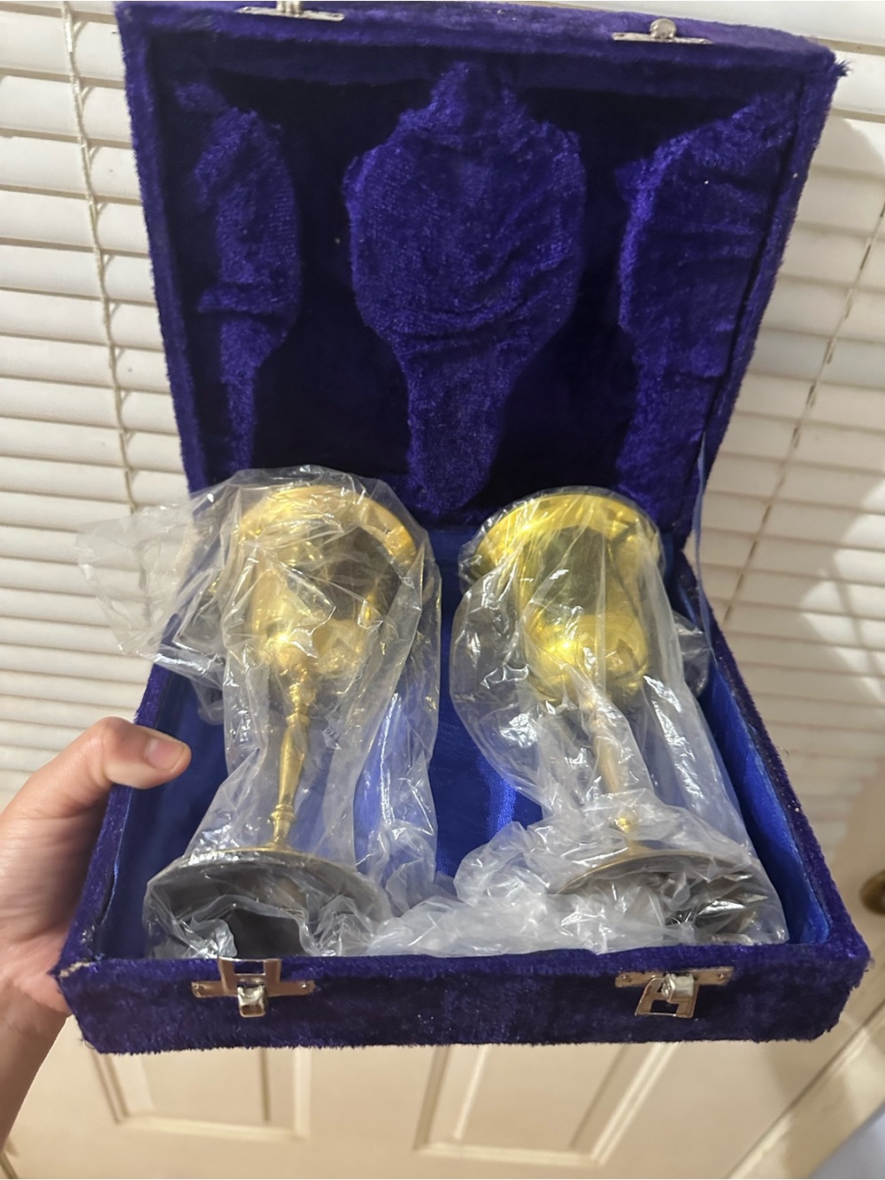two brass goblets in original case